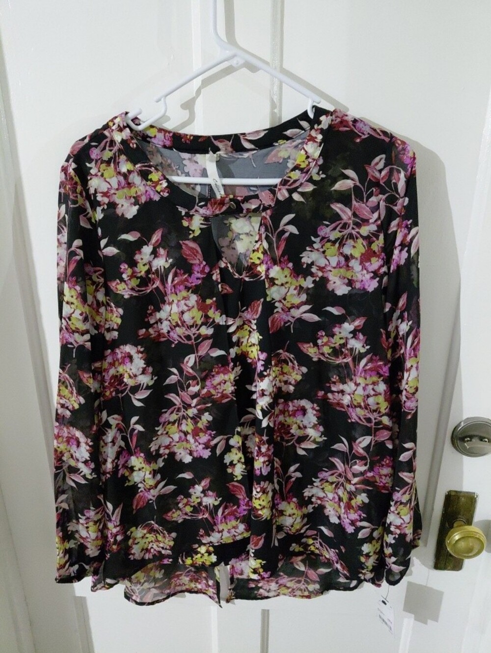 NY Collection Black Blouse with Pink & Yellow Floral Print